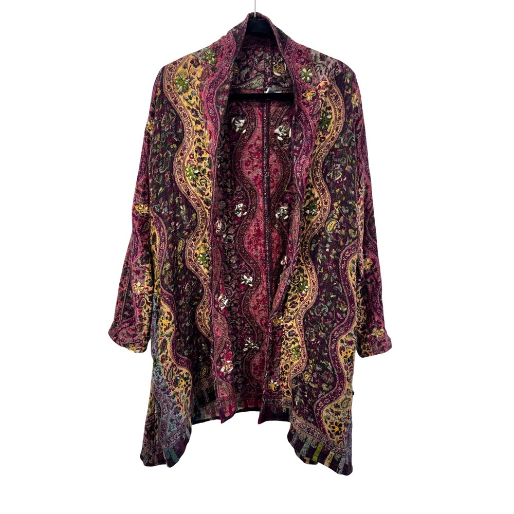 Anu by Natural Paisley 100% Wool Embroidered Boho Art to Wear Duster Jacket Sz S